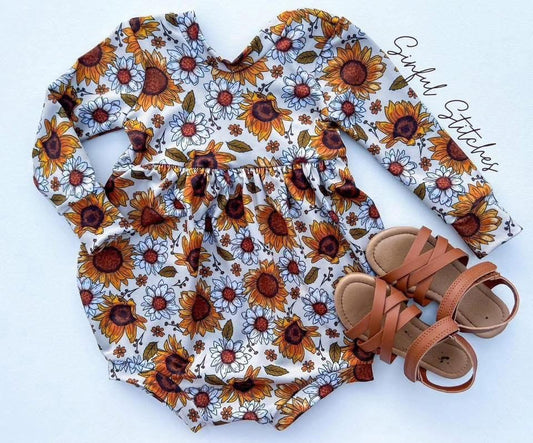 RTS Sunflower Long Sleeve Bubble Romper 9/12